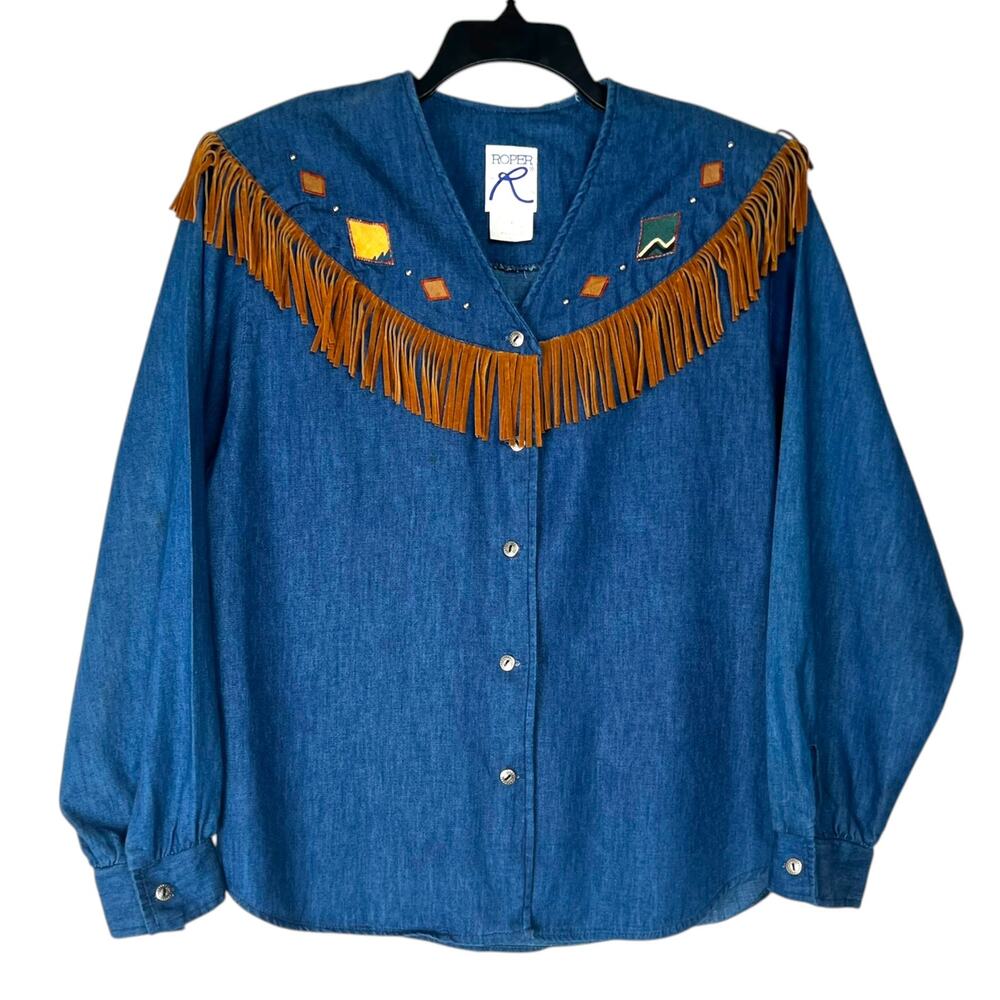 Vintage Roper Women's Size M Western Denim Button Up Shirt Faux Suede Tassels